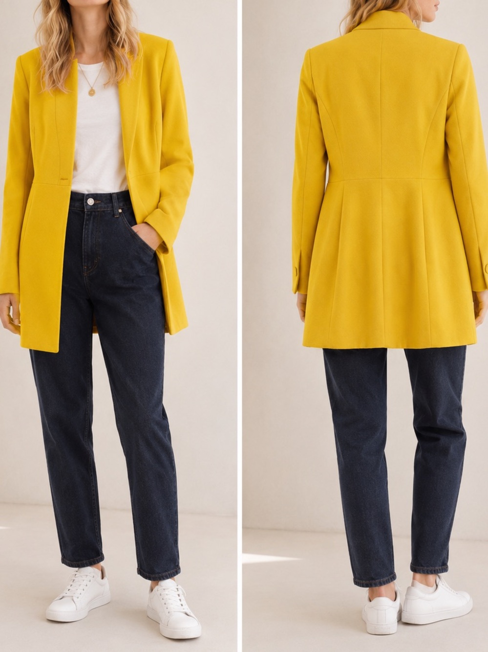Zara Yellow Mustard Gold Inverted Lapel Minimalist Chic Longline Blazer Coat